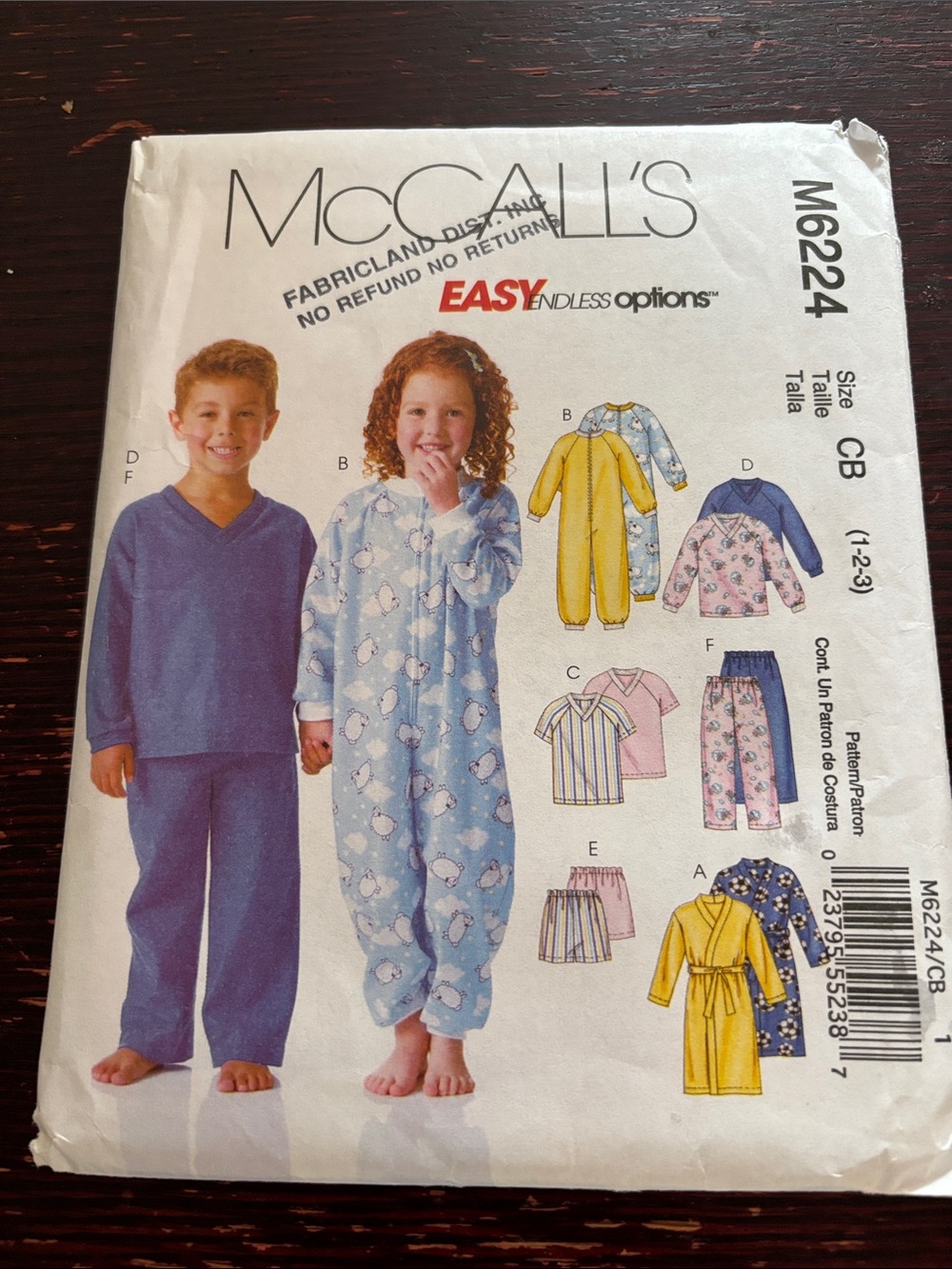 McCalls M6224 Kids Blue Pajama Set and Onesie Pattern size 1-2-3